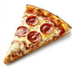 A slice of pepperoni pizza with melted cheese, isolated on a white background, showcasing a classic and popular dish
