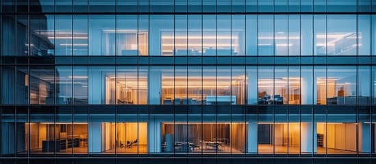 Obraz premium Modern office building with illuminated workspaces at dusk.