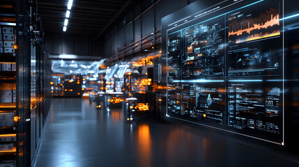 Futuristic data center with glowing screens and organized servers, showcasing technology and