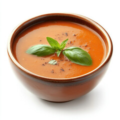 A small bowl of creamy tomato soup with basil garnish, isolated on a white background, showcasing a comforting dish