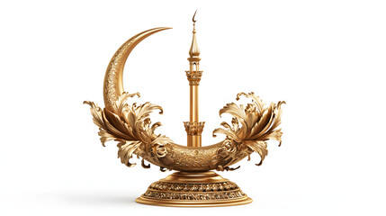 Moon and Minaret: The crescent moon cradles a minaret. The negative space allows for personalized branding. isolate on white background 