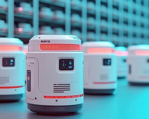 Stock counting robots, managing inventory, futuristic warehouse, 3D illustration