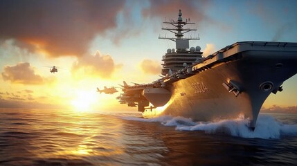 Sunset Scene with Aircraft Carrier and Jets