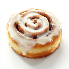 Fototapeta premium A soft cinnamon roll with cream cheese icing, isolated on a white background, showcasing a comforting breakfast pastry