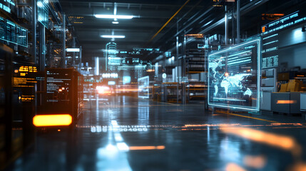 Futuristic digital tracking system in high tech warehouse environment