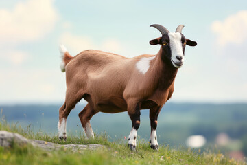 Fototapeta premium Selective focus goat in ranch farming, Portrait of goat with hilarious face stand on grass field, Livestock farming in the meadow land.