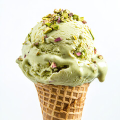 A scoop of pistachio ice cream in a cone, isolated on a white background, showcasing a unique flavor