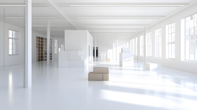 Modern warehouse interior with bright lighting and minimalistic design