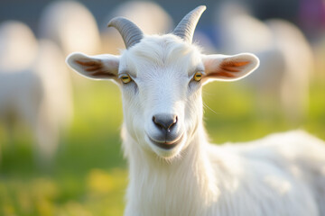 Selective focus goat in ranch farming, Portrait of goat with hilarious face stand on grass field, Livestock farming in the meadow land.