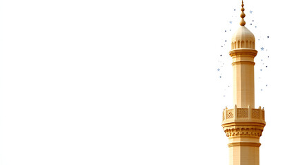 Starry Minaret: A single minaret reaches for the stars. The celestial backdrop adds a touch of mysticism. The white space invites personalized text. isolate on white background 
