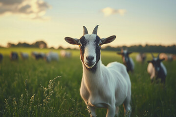 Selective focus goat in ranch farming, Portrait of goat with hilarious face stand on grass field, Livestock farming in the meadow land.