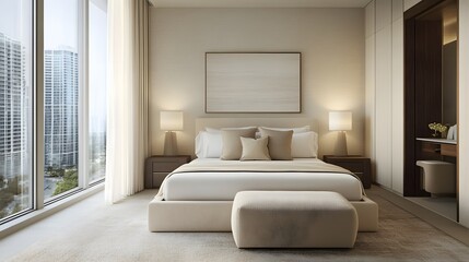 Fototapeta premium Modern condo bedroom with minimalist design, soft textures, and a neutral color palette for a peaceful and stylish retreat.