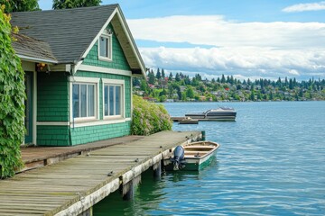 Obraz premium Home with Green Walls and White Trim on Lake Washington, Wooden Dock with Small Boats, Sunny Day in Coastal Washington