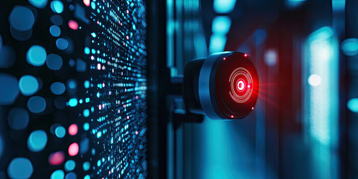 A modern security camera is mounted on a wall, illuminated by blue lights, creating a high-tech atmosphere of surveillance and data collection.