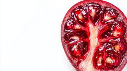 Healthy kidney-shaped fruit on white background, sliced to reveal vibrant red interior, symbolizing kidney health with copy space for text overlay.