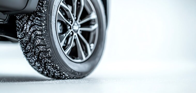Close-up of a modern car tire on a sleek alloy wheel, showcasing the tread pattern against a white isolated background.