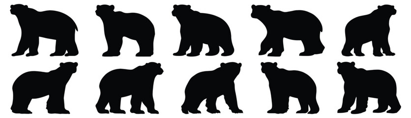 Polar bear silhouettes set, bear pack of vector silhouette design, isolated background.