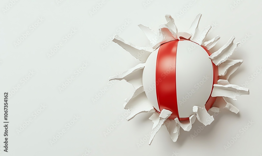 Poster a stylized red and white ball emerging from a torn paper effect, giving a dynamic and creative visua