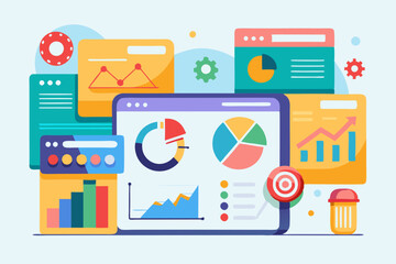 Colorful browser statistics showcase graphs and charts, illustrating data analysis and performance metrics related to web engagement and user behavior vector illustration, flat illustration