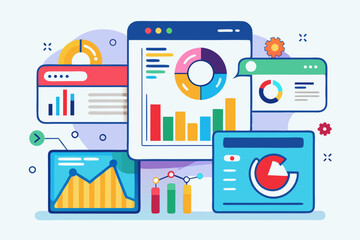 Colorful browser statistics showcase graphs and charts, illustrating data analysis and performance metrics related to web engagement and user behavior vector illustration, flat illustration