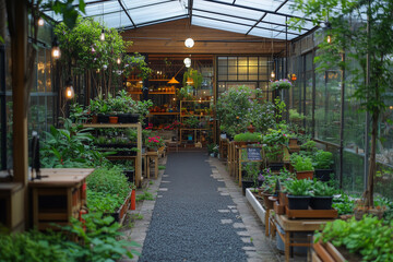 Interior design of cafe with greenhouse style, Restaurant in greenhouse decoration with bush, tiny tree and lamp.	