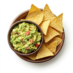 A small bowl of guacamole with tortilla chips, isolated on a white background, showcasing a popular dip