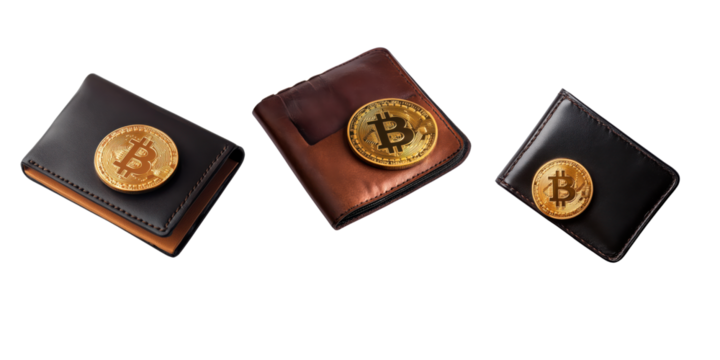 Stylish wallets with Bitcoin coins on display