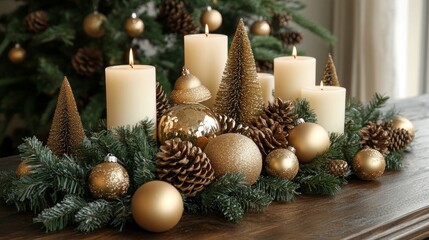 A beautiful and festive Christmas centerpiece with candles, pine cones, and gold ornaments. The...