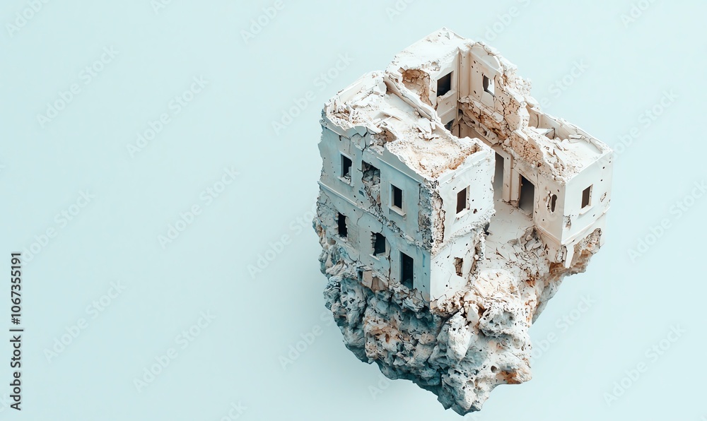 Poster A detailed view of a weathered, miniature building model resting on textured rock, showcasing unique architectural elements against a light background.