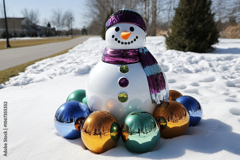 Poster a fantasy snowman with colorful, floating ornaments around it and shimmering frost on its scarf, set