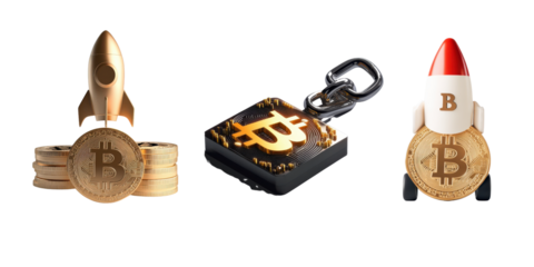 Bitcoin Growth Concept with Rocket and Coins Images