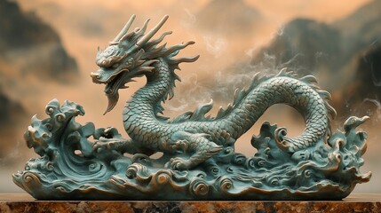 A teal-colored dragon figurine with a gold trim, sitting on a wave-shaped base with smoke rising behind it.