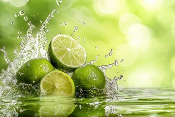 A splash of water surrounds a bunch of lime slices
