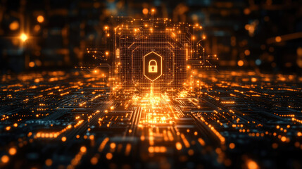 The image features a bright digital lock symbol surrounded by intricate circuit patterns and glowing lights, representing cybersecurity innovation