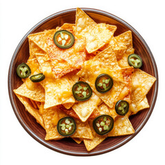 A plate of classic nachos with melted cheese and jalapeÃ±os, isolated on a white background, showcasing a fun snack