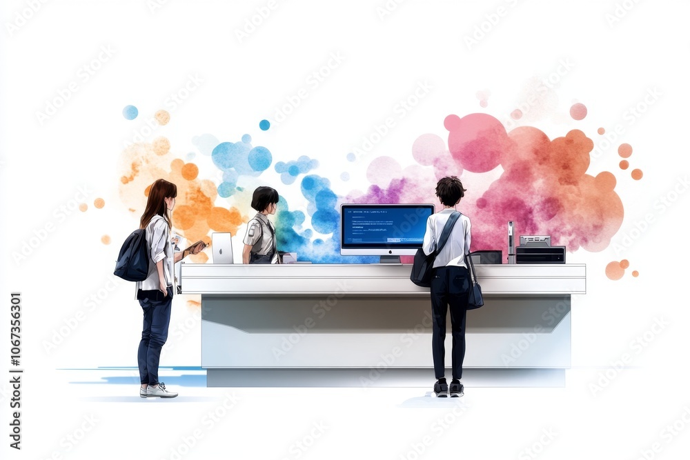 Poster a gentle watercolor of a futuristic business scene, with soft lines and colorful accents showing tec