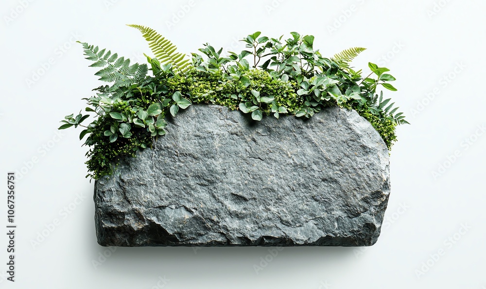 Poster a beautiful arrangement of lush greenery atop a textured stone, creating a harmonious blend of natur