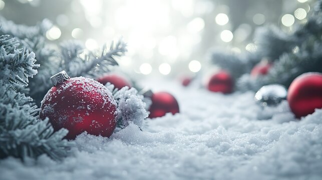 A serene winter scene featuring red ornaments nestled in snowy ground, surrounded by evergreen branches and soft, glowing lights.