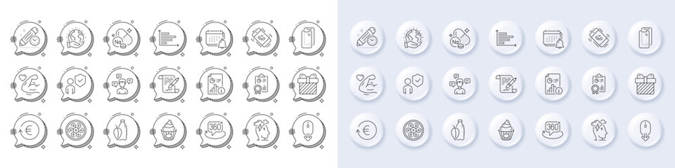 Surprise, Cable section and Sodium mineral line icons. White pin 3d buttons, chat bubbles icons. Pack of Smartphone glass, Agreement document, Project deadline icon. Vector