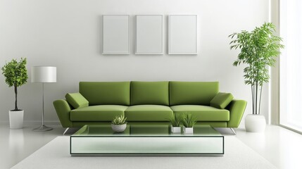 Green Sofa with Glass Coffee Table and Plants in Minimalist Living Room