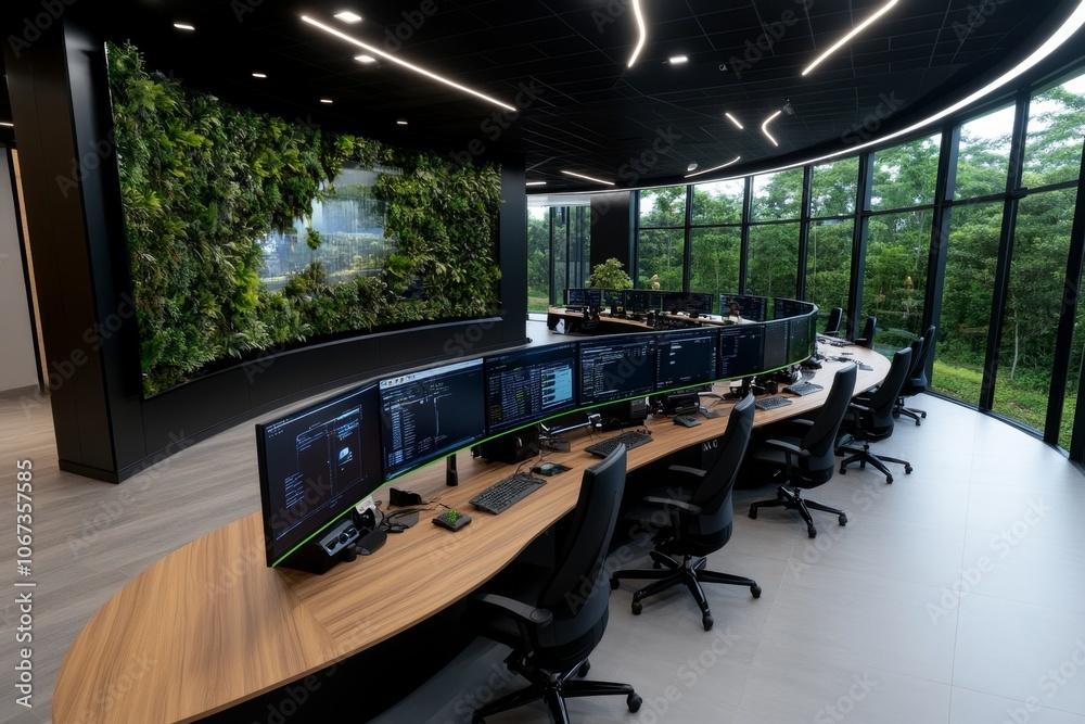 Poster A high-tech workspace with AI-driven assistants, virtual screens, and advanced communication systems for futuristic business operations