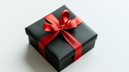 Obraz premium Isolated black gift box with a minimalist red ribbon on a clean, white surface