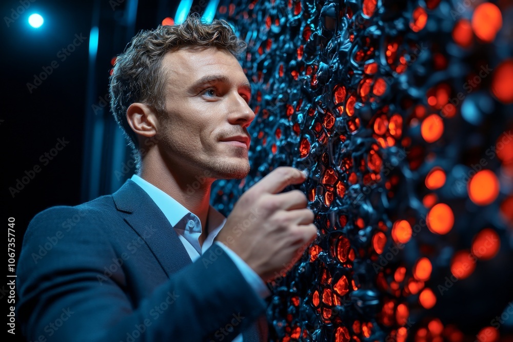 Aufkleber a hyper-realistic close-up of a businessman interacting with a holographic display, with intricate d