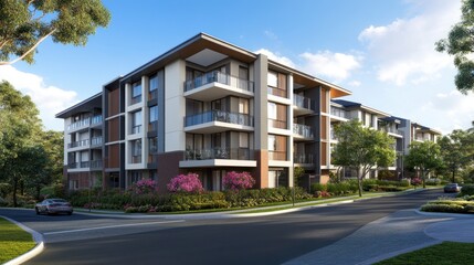 Modern apartment building surrounded by greenery and landscaping.