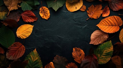 A dark surface framed by colorful autumn leaves, creating a natural, seasonal aesthetic.
