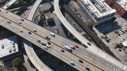 Aerial looking down on I-95 interstate traveling through Richmond, VA downtown