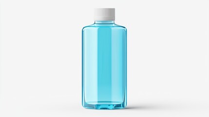 A clear bottle of blue liquid is sitting on a white background