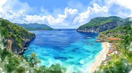 Fototapeta premium The picturesque coastline features turquoise waters, sandy beaches, and lush green hills under a bright blue sky on a sunny day