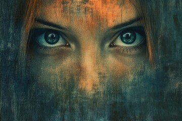 Naklejka premium Woman staring with intense grunge effect: mystery and power