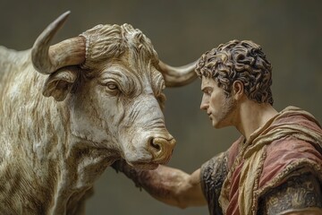 Roman warrior taming powerful white bull statue: